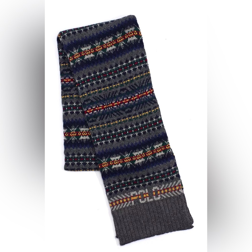 NWT Polo Ralph Lauren Fair Isle Wool Blend Scarf Gray Multi Intarsia Logo O/S